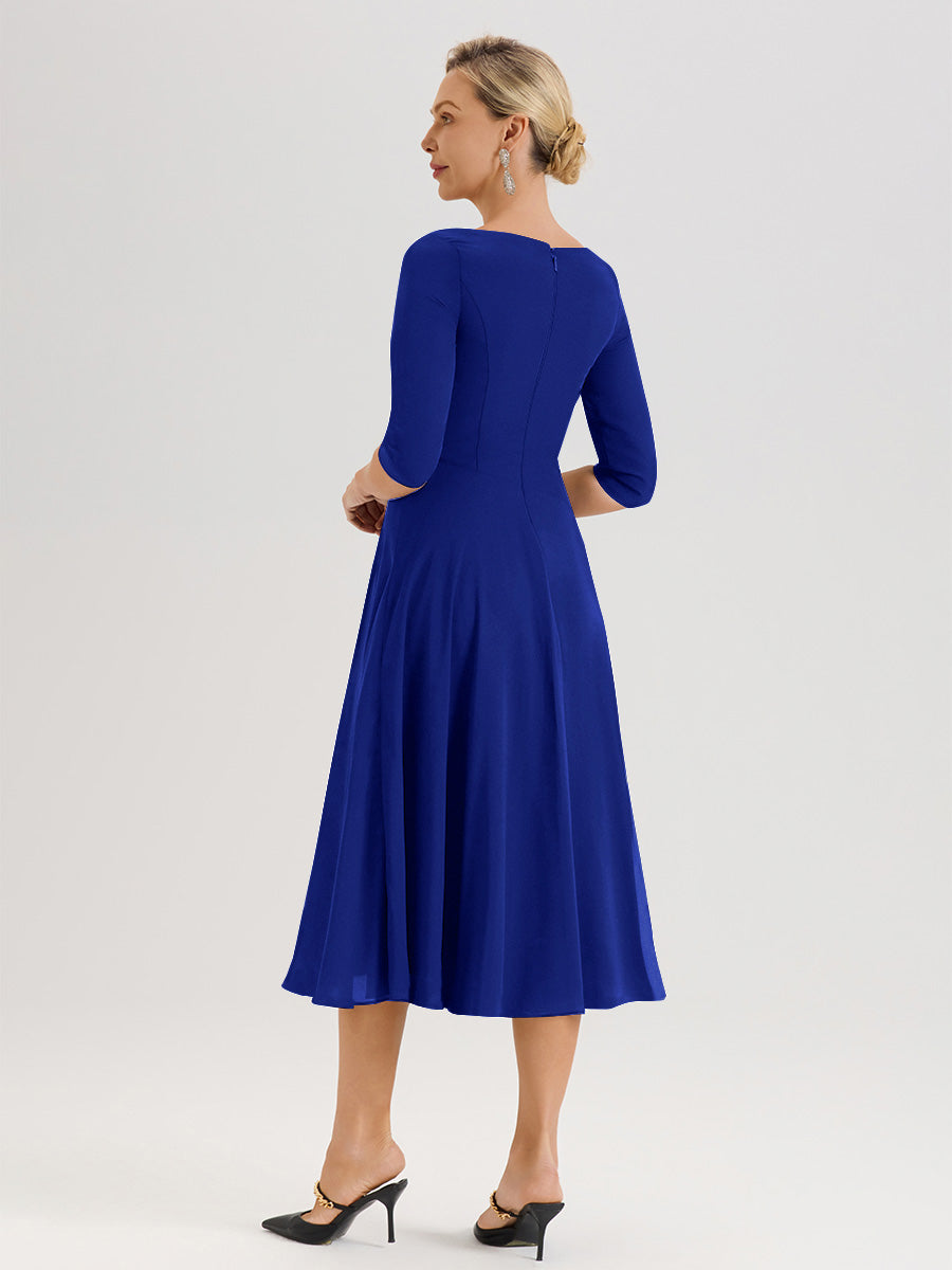 Cicinia Robe Pour Mère De La Mariée Bleu Royal longueur Mi-Mollet Décolleté En V Et Manches 3/4 En Mousseline Trapèze