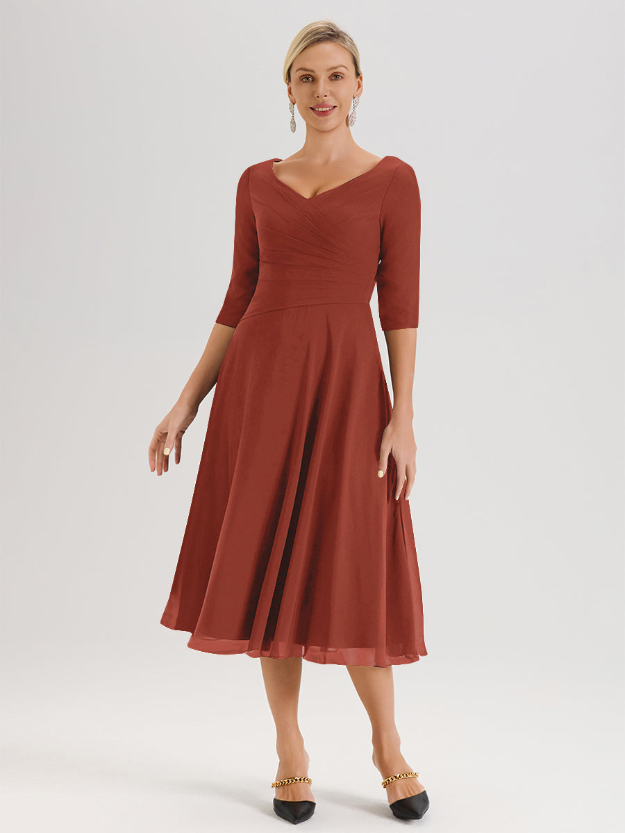 Cicinia Robe Pour Mère De La Mariée Rouille longueur Mi-Mollet Décolleté En V Et Manches 3/4 En Mousseline Trapèze