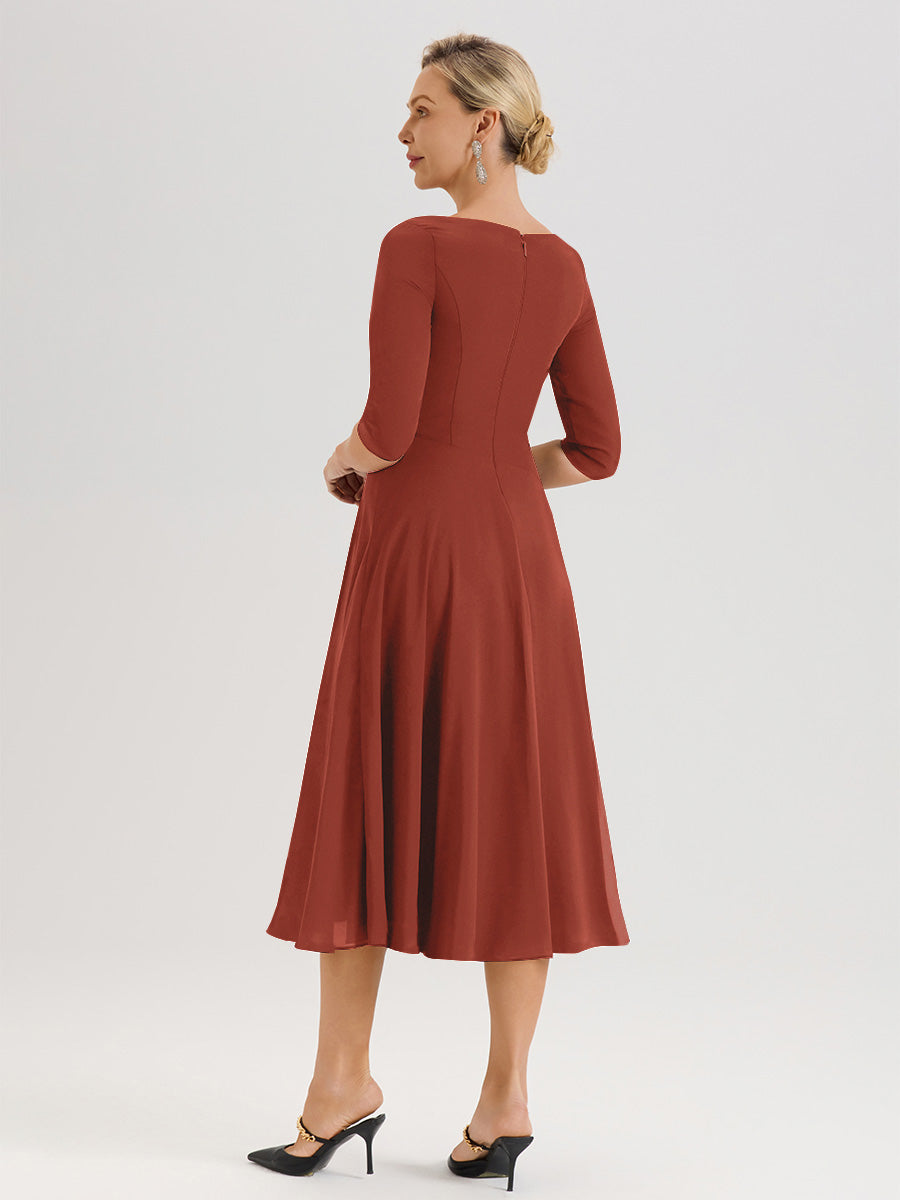Cicinia Robe Pour Mère De La Mariée Rouille longueur Mi-Mollet Décolleté En V Et Manches 3/4 En Mousseline Trapèze