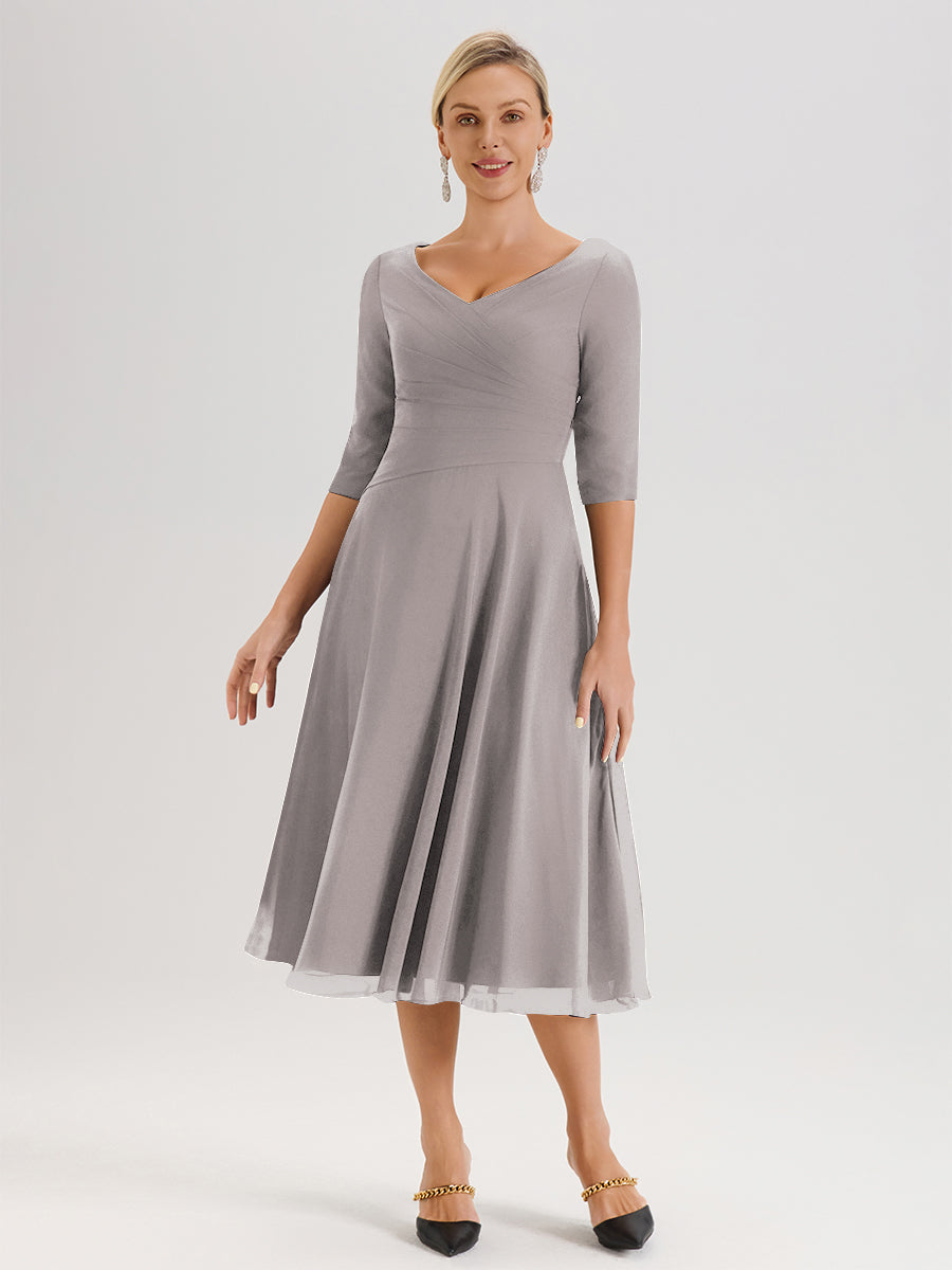 Cicinia Robe Pour Mère De La Mariée Argenté longueur Mi-Mollet Décolleté En V Et Manches 3/4 En Mousseline Trapèze