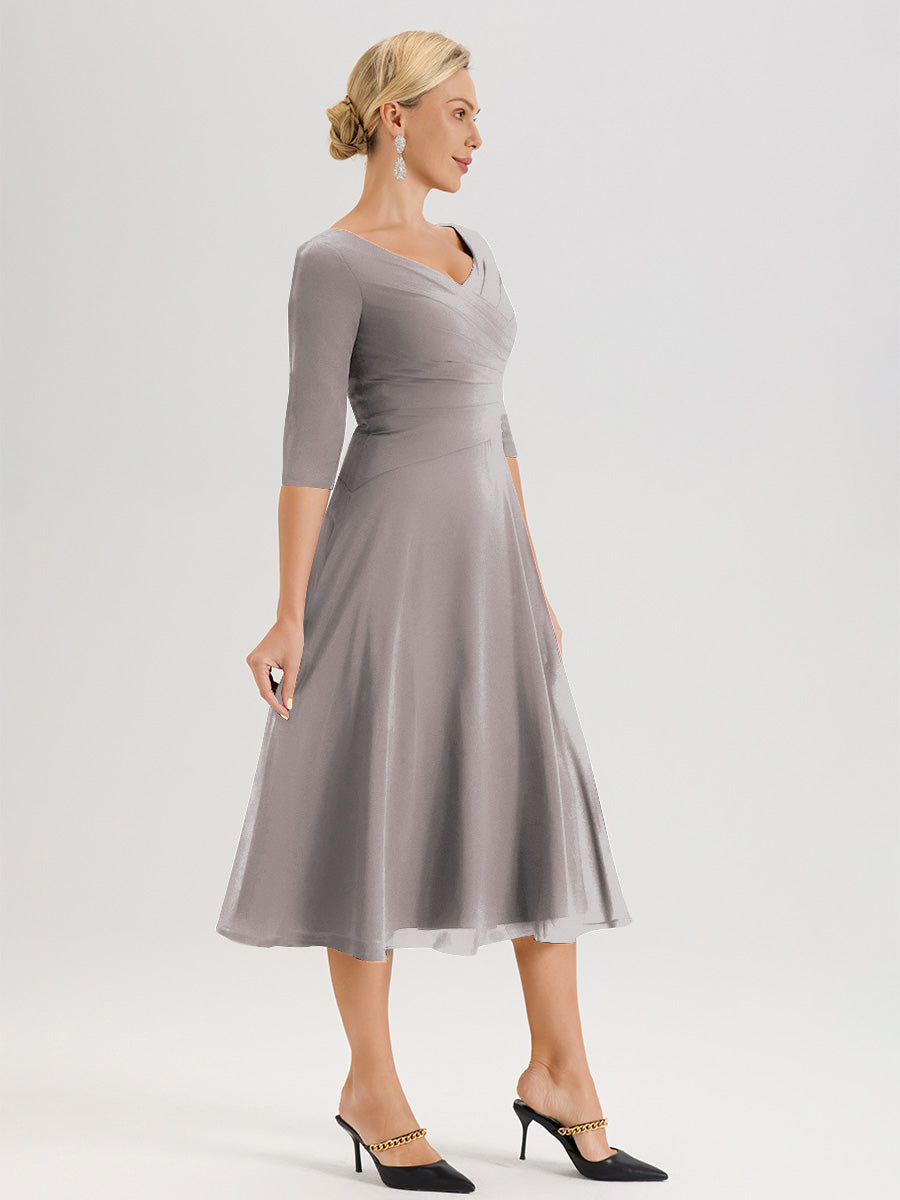 Cicinia Robe Pour Mère De La Mariée Argenté longueur Mi-Mollet Décolleté En V Et Manches 3/4 En Mousseline Trapèze