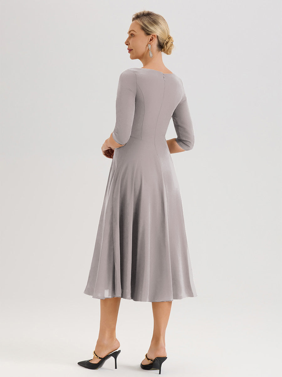 Cicinia Robe Pour Mère De La Mariée Argenté longueur Mi-Mollet Décolleté En V Et Manches 3/4 En Mousseline Trapèze