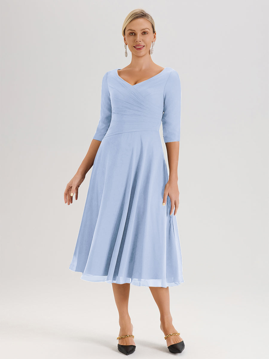 Cicinia Robe Pour Mère De La Mariée Bleu Ciel longueur Mi-Mollet Décolleté En V Et Manches 3/4 En Mousseline Trapèze