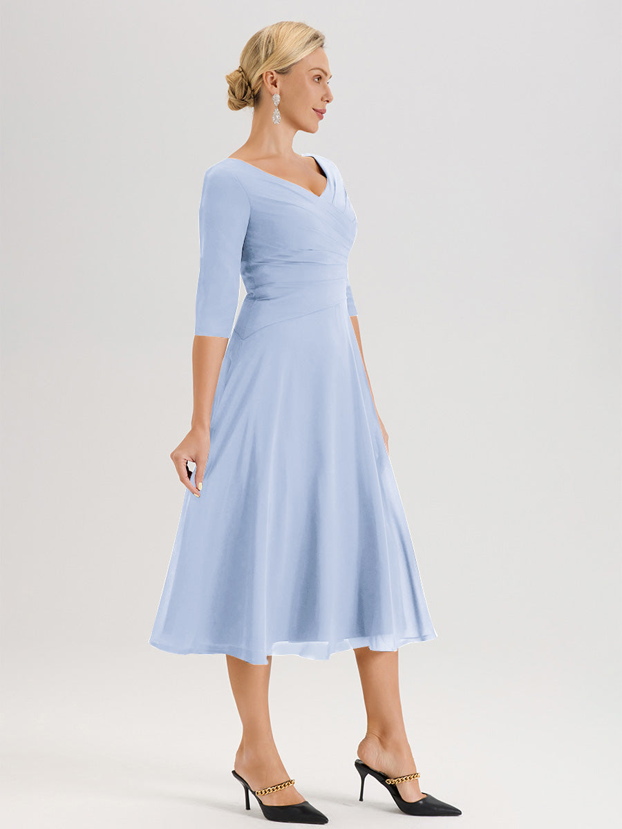 Cicinia Robe Pour Mère De La Mariée Bleu Ciel longueur Mi-Mollet Décolleté En V Et Manches 3/4 En Mousseline Trapèze