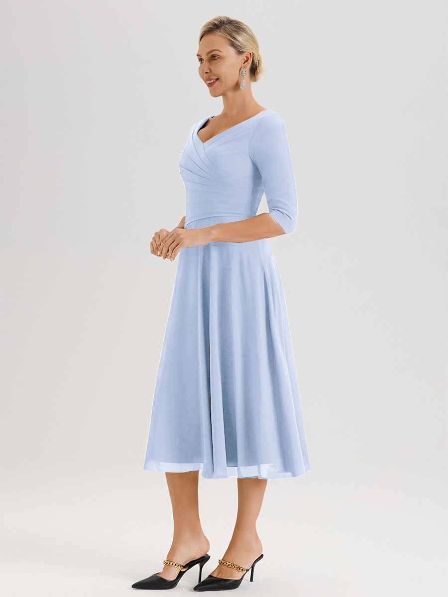 Cicinia Robe Pour Mère De La Mariée Bleu Ciel longueur Mi-Mollet Décolleté En V Et Manches 3/4 En Mousseline Trapèze