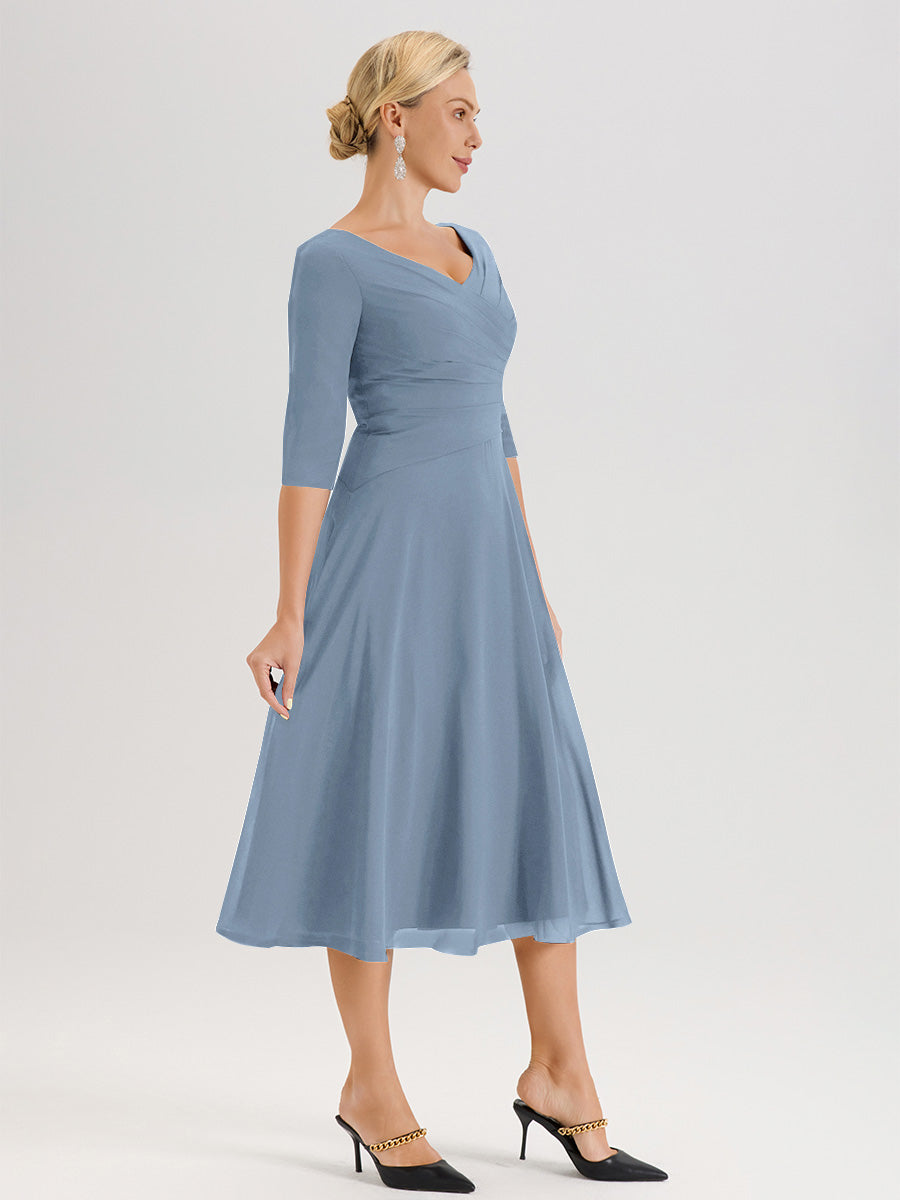 Cicinia Robe Pour Mère De La Mariée Bleu De Schiste longueur Mi-Mollet Décolleté En V Et Manches 3/4 En Mousseline Trapèze