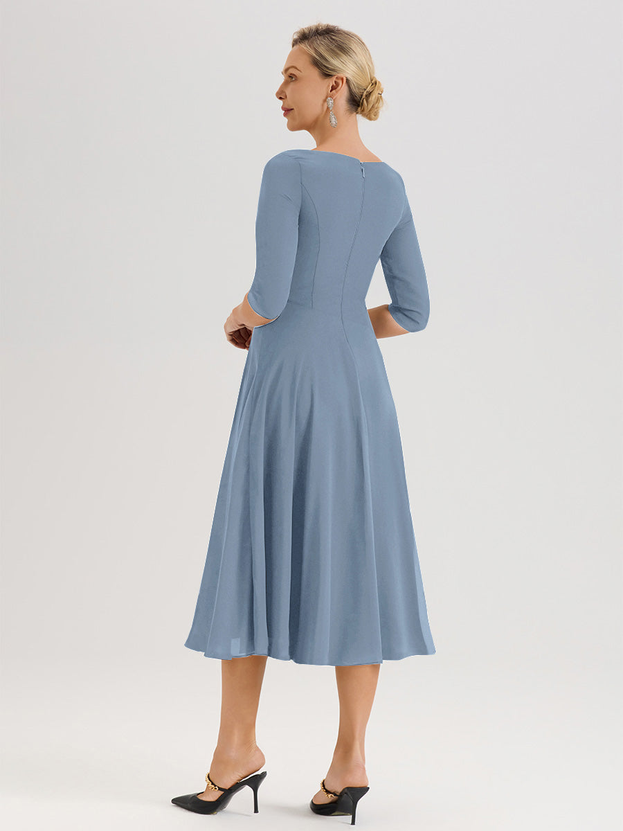 Cicinia Robe Pour Mère De La Mariée Bleu De Schiste longueur Mi-Mollet Décolleté En V Et Manches 3/4 En Mousseline Trapèze