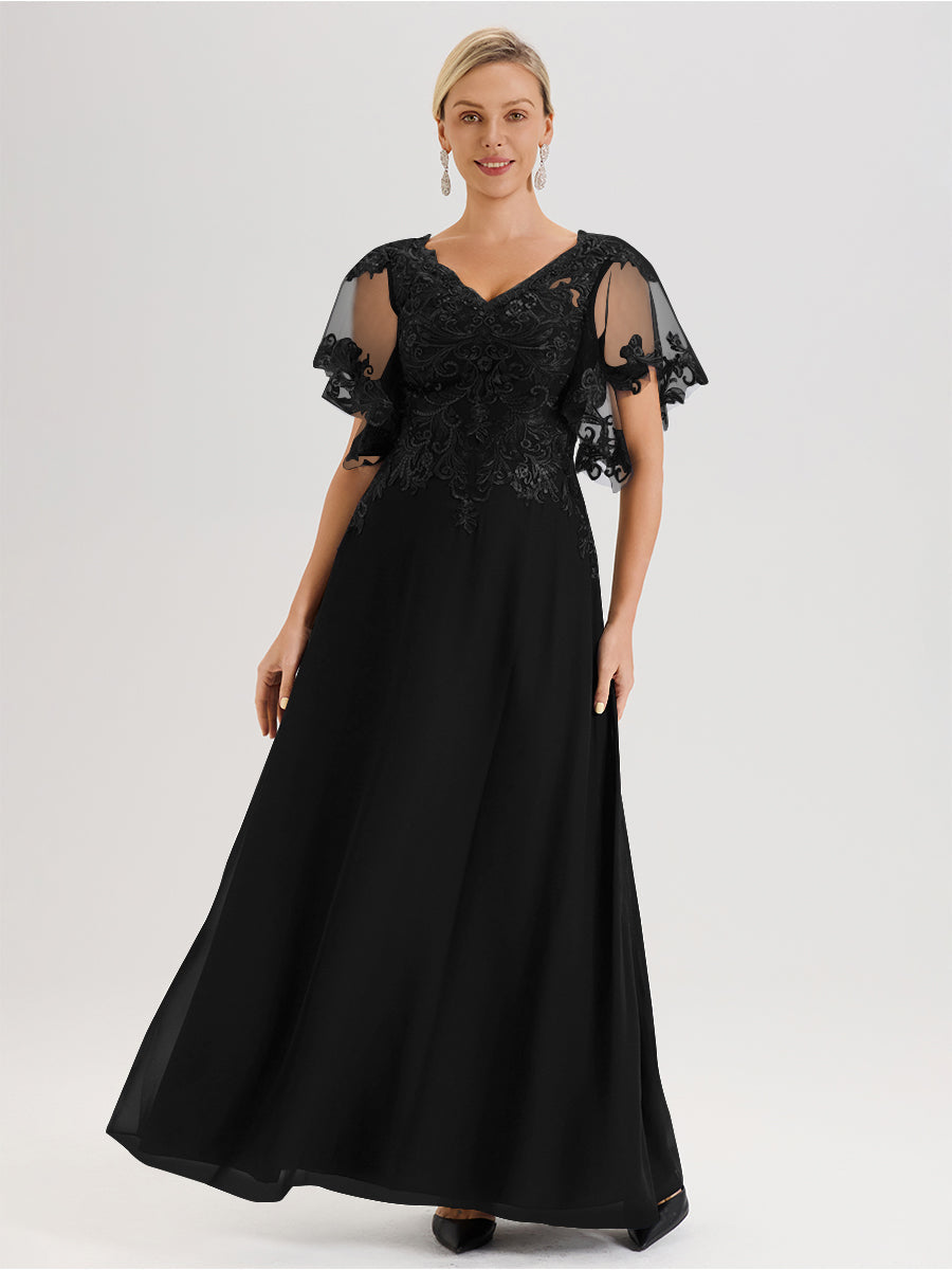 Cicinia Robe Mère De La Mariée Noir Longueur Au Sol En Chiffon Et Dentelle Décolleté En V À Manches Courtes Volantées