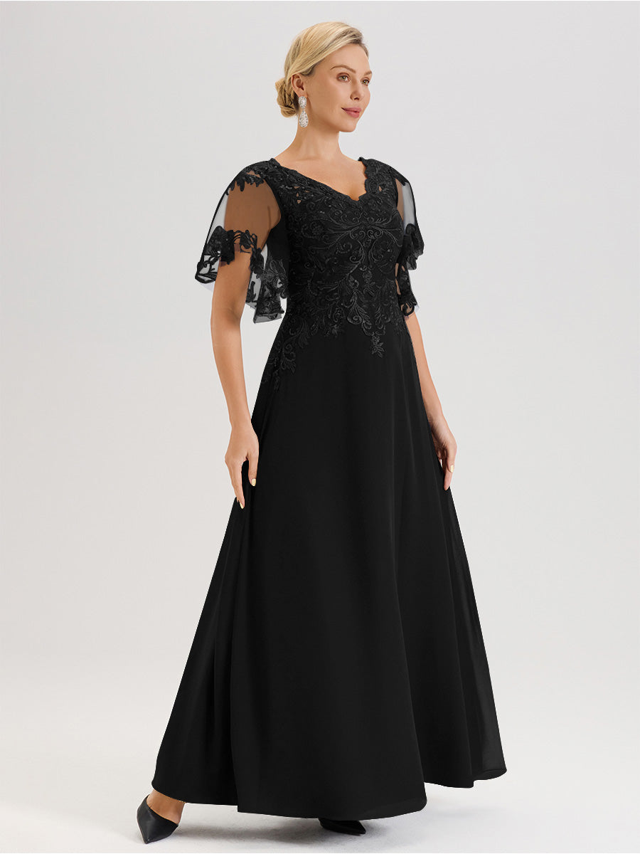 Cicinia Robe Mère De La Mariée Noir Longueur Au Sol En Chiffon Et Dentelle Décolleté En V À Manches Courtes Volantées