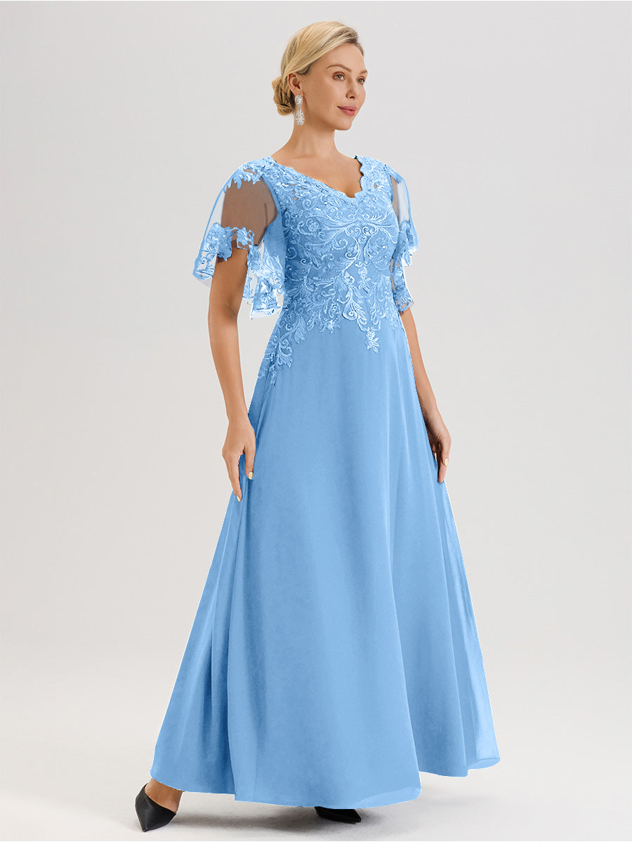 Cicinia Robe Mère De La Mariée Bleu Longueur Au Sol En Chiffon Et Dentelle Décolleté En V À Manches Courtes Volantées