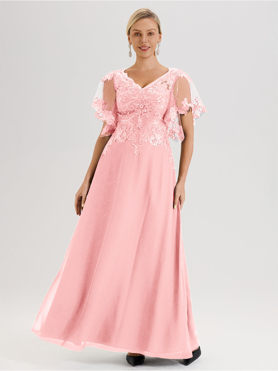 Cicinia Robe Mère De La Mariée Rose Doux Longueur Au Sol En Chiffon Et Dentelle Décolleté En V À Manches Courtes Volantées
