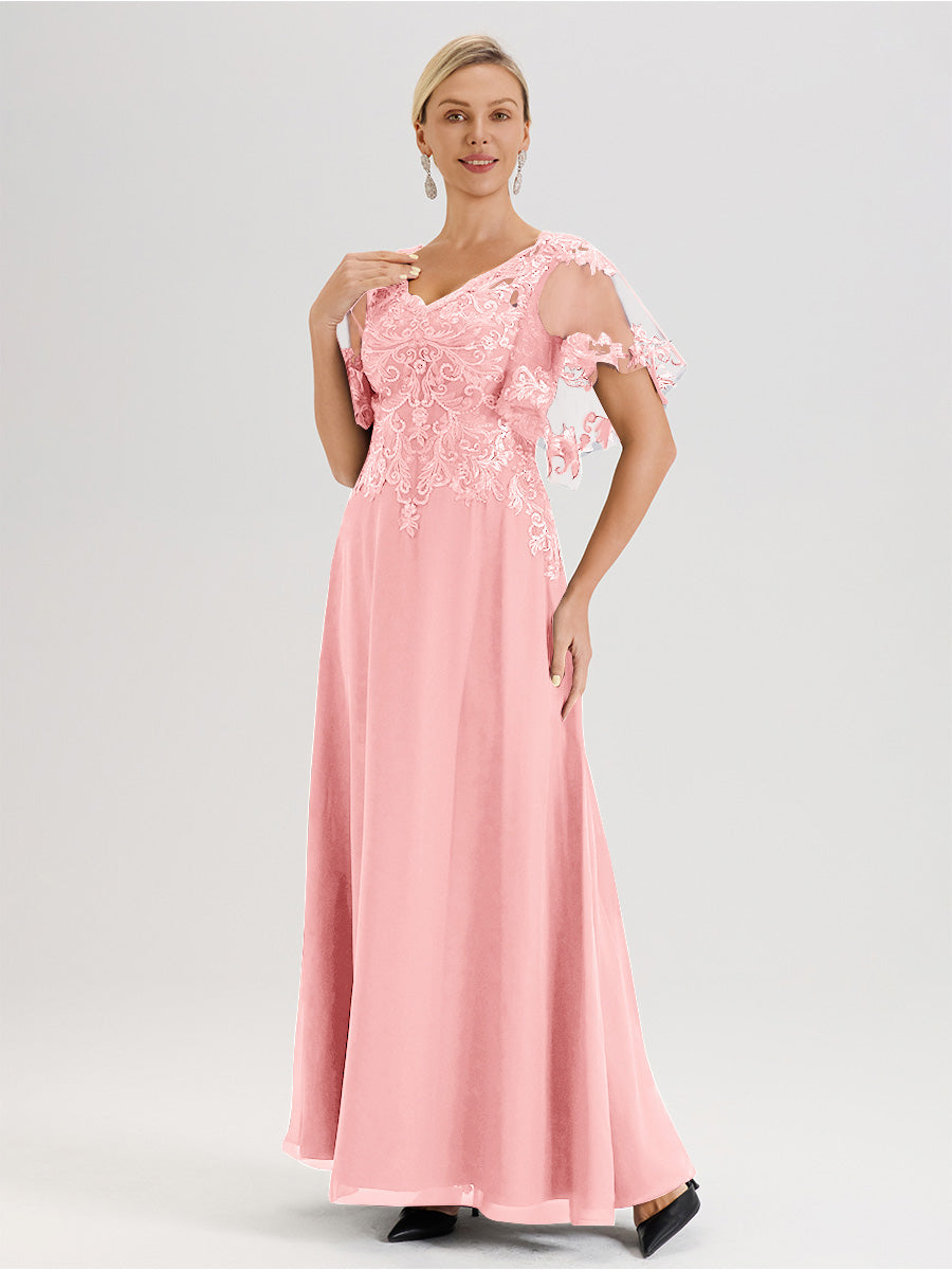 Cicinia Robe Mère De La Mariée Rose Doux Longueur Au Sol En Chiffon Et Dentelle Décolleté En V À Manches Courtes Volantées