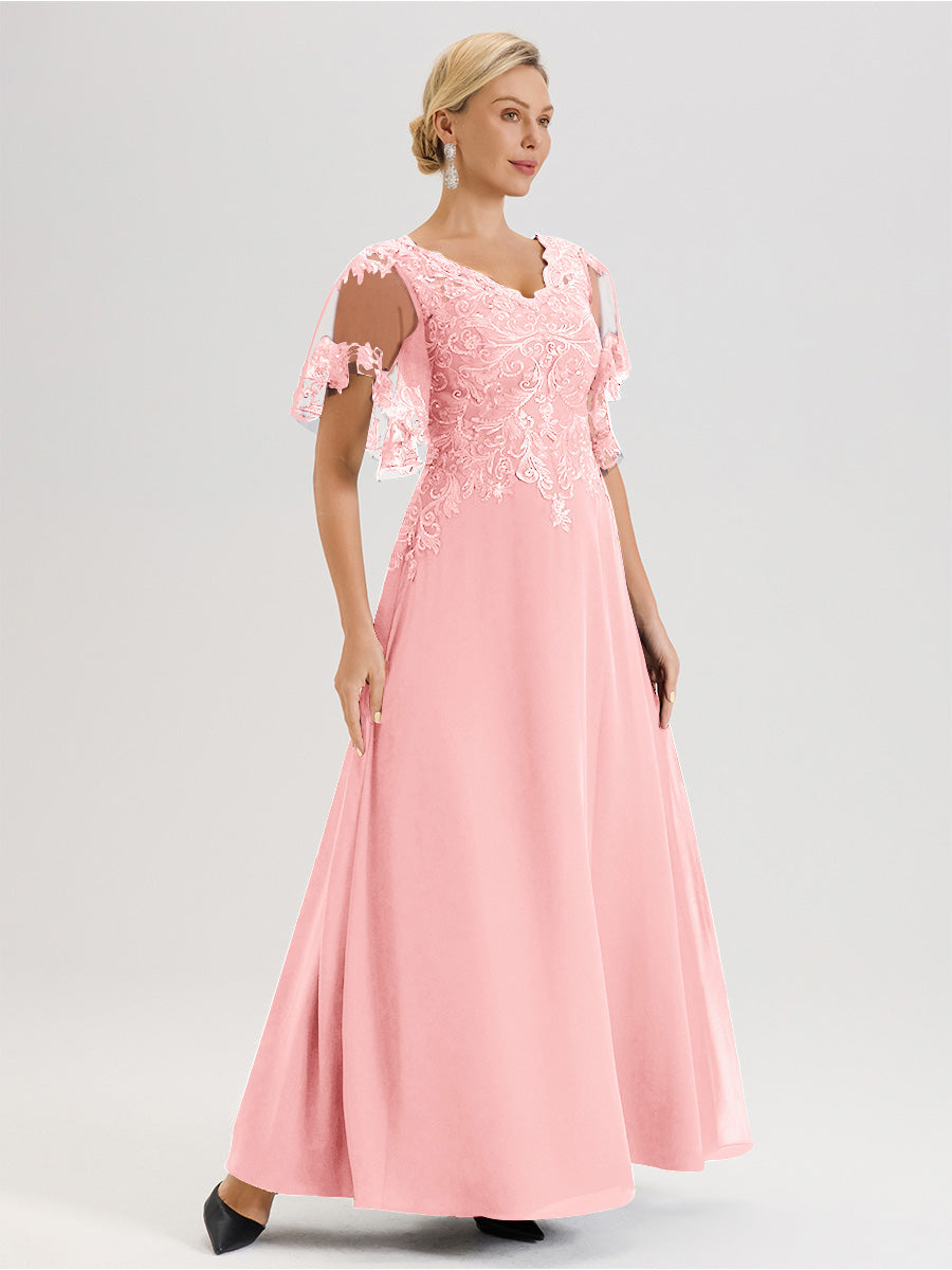 Cicinia Robe Mère De La Mariée Rose Doux Longueur Au Sol En Chiffon Et Dentelle Décolleté En V À Manches Courtes Volantées