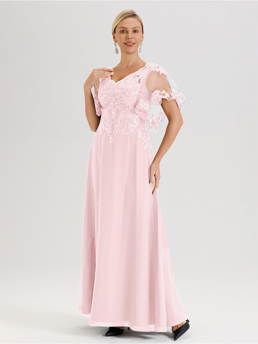Cicinia Robe Mère De La Mariée Rose Pale Longueur Au Sol En Chiffon Et Dentelle Décolleté En V À Manches Courtes Volantées