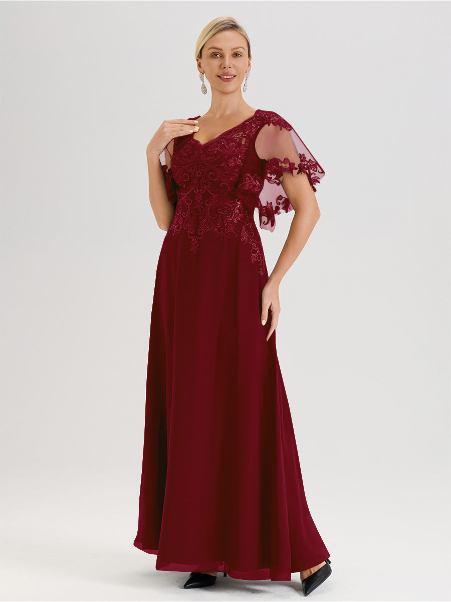 Cicinia Robe Mère De La Mariée Couleur Bordeaux Longueur Au Sol En Chiffon Et Dentelle Décolleté En V À Manches Courtes Volantées