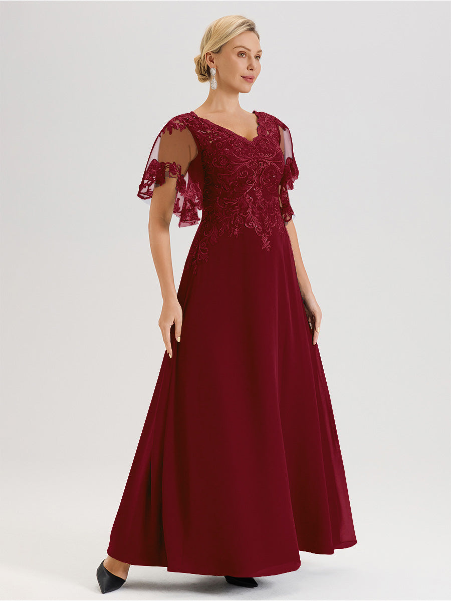 Cicinia Robe Mère De La Mariée Couleur Bordeaux Longueur Au Sol En Chiffon Et Dentelle Décolleté En V À Manches Courtes Volantées