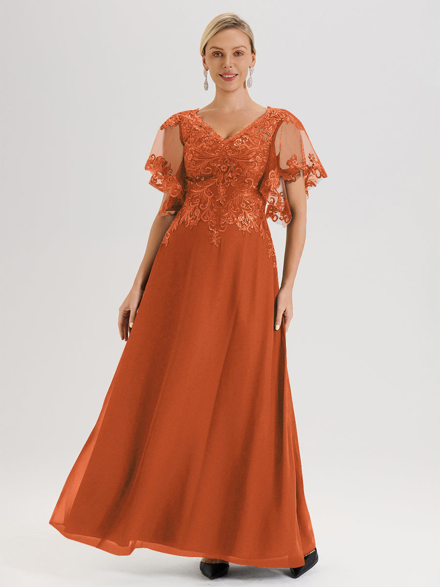 Cicinia Robe Mère De La Mariée Orange Brûlé Longueur Au Sol En Chiffon Et Dentelle Décolleté En V À Manches Courtes Volantées