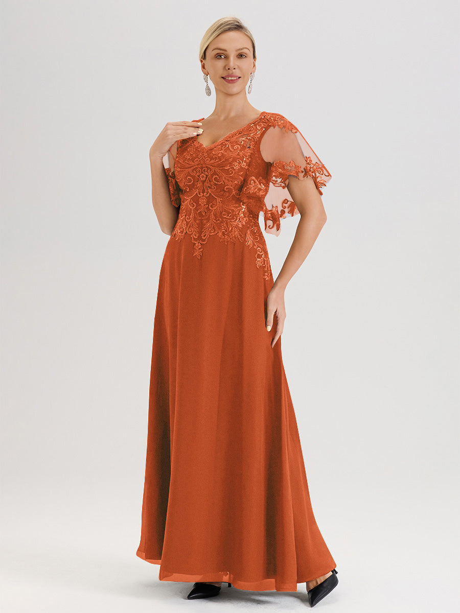 Cicinia Robe Mère De La Mariée Orange Brûlé Longueur Au Sol En Chiffon Et Dentelle Décolleté En V À Manches Courtes Volantées