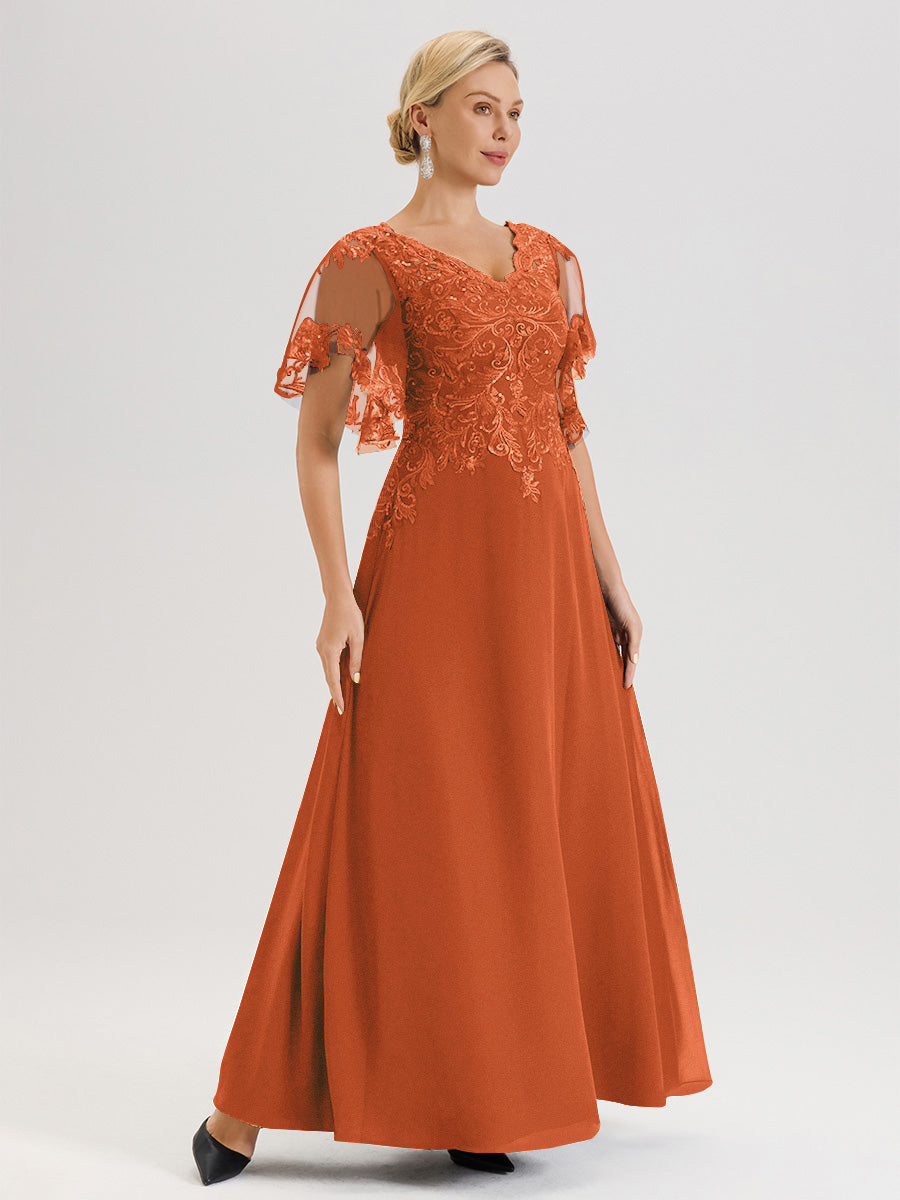 Cicinia Robe Mère De La Mariée Orange Brûlé Longueur Au Sol En Chiffon Et Dentelle Décolleté En V À Manches Courtes Volantées