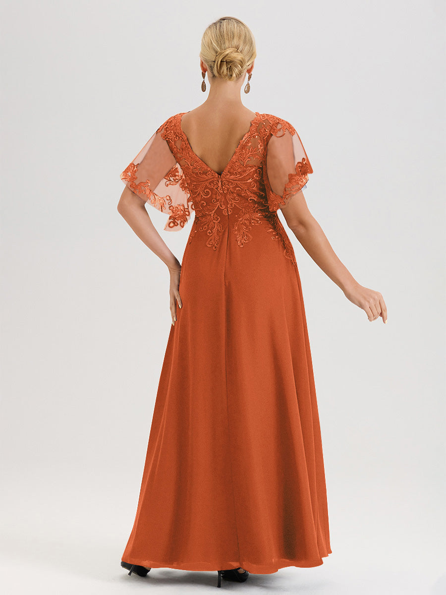 Cicinia Robe Mère De La Mariée Orange Brûlé Longueur Au Sol En Chiffon Et Dentelle Décolleté En V À Manches Courtes Volantées