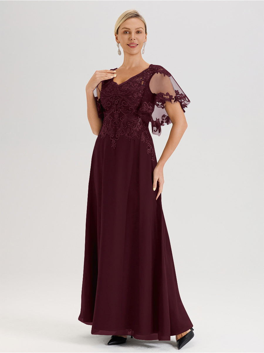 Cicinia Robe Mère De La Mariée Cabernet Longueur Au Sol En Chiffon Et Dentelle Décolleté En V À Manches Courtes Volantées