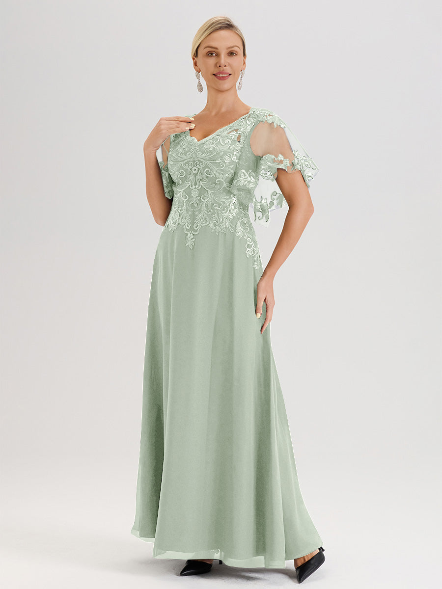 Cicinia Robe Mère De La Mariée Celadon Longueur Au Sol En Chiffon Et Dentelle Décolleté En V À Manches Courtes Volantées