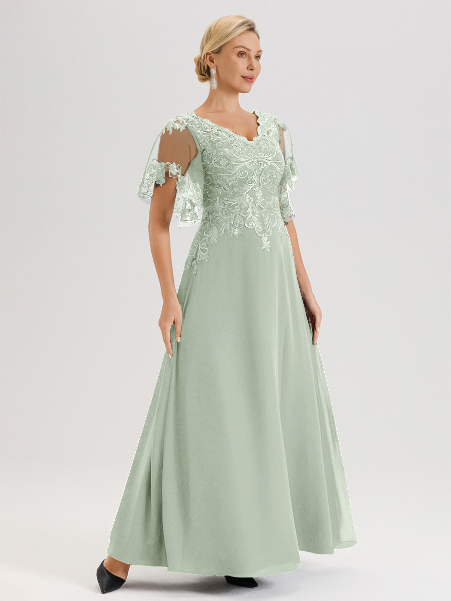 Cicinia Robe Mère De La Mariée Celadon Longueur Au Sol En Chiffon Et Dentelle Décolleté En V À Manches Courtes Volantées