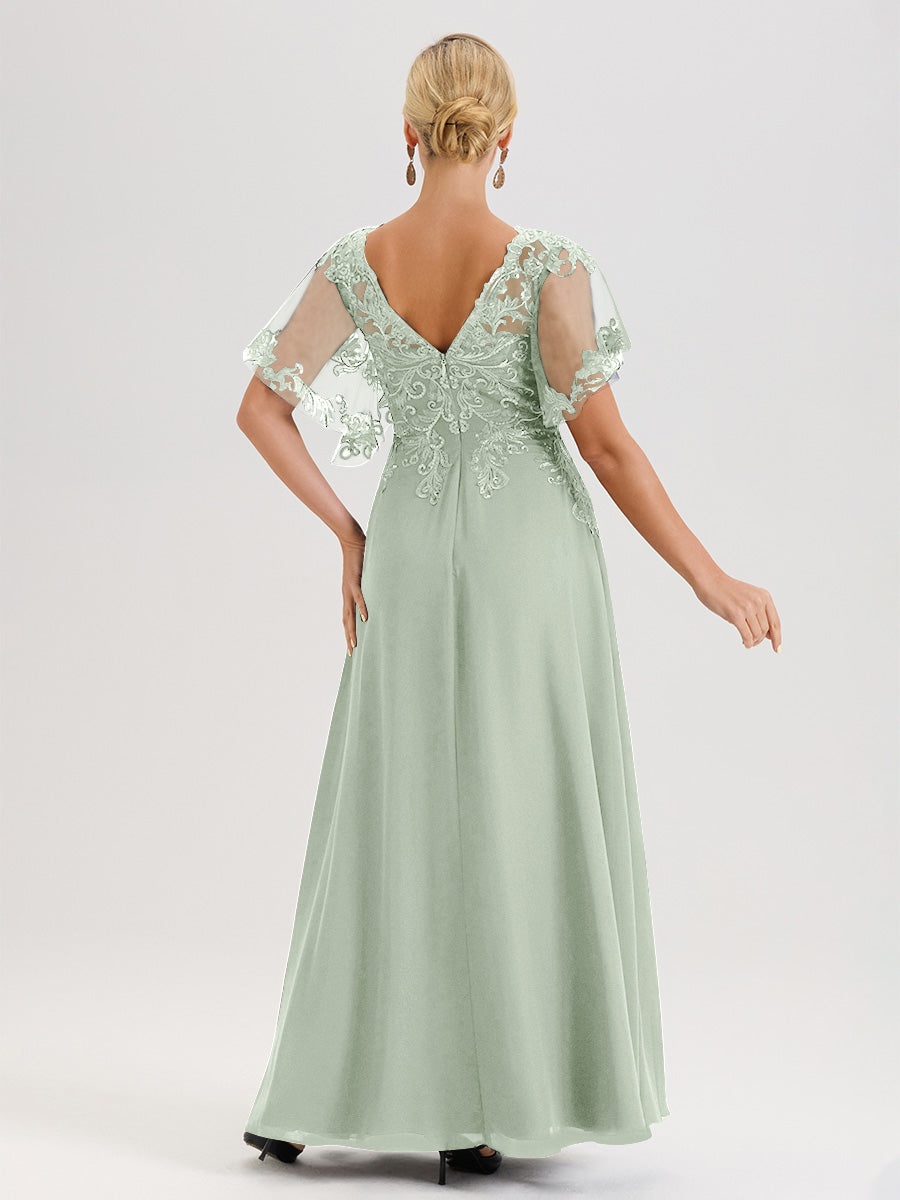 Cicinia Robe Mère De La Mariée Celadon Longueur Au Sol En Chiffon Et Dentelle Décolleté En V À Manches Courtes Volantées