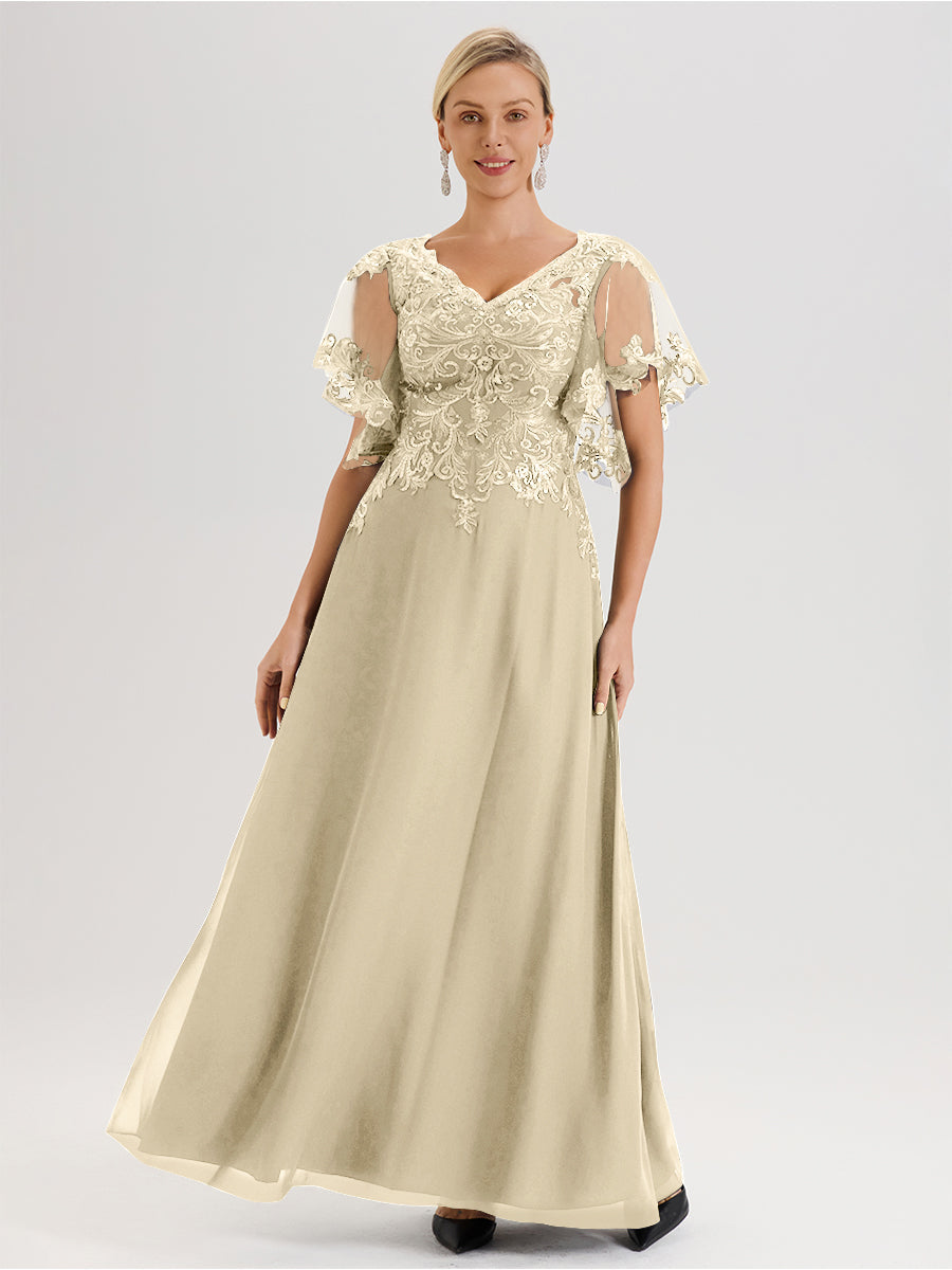 Cicinia Robe Mère De La Mariée Couleur Champagne Longueur Au Sol En Chiffon Et Dentelle Décolleté En V À Manches Courtes Volantées