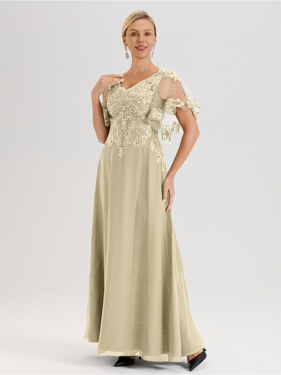 Cicinia Robe Mère De La Mariée Couleur Champagne Longueur Au Sol En Chiffon Et Dentelle Décolleté En V À Manches Courtes Volantées