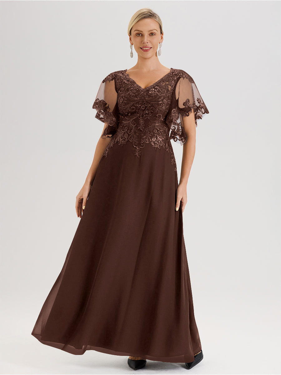 Cicinia Robe Mère De La Mariée Marron Chocolat Longueur Au Sol En Chiffon Et Dentelle Décolleté En V À Manches Courtes Volantées
