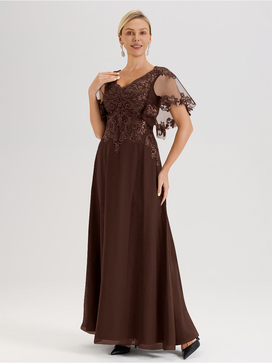 Cicinia Robe Mère De La Mariée Marron Chocolat Longueur Au Sol En Chiffon Et Dentelle Décolleté En V À Manches Courtes Volantées
