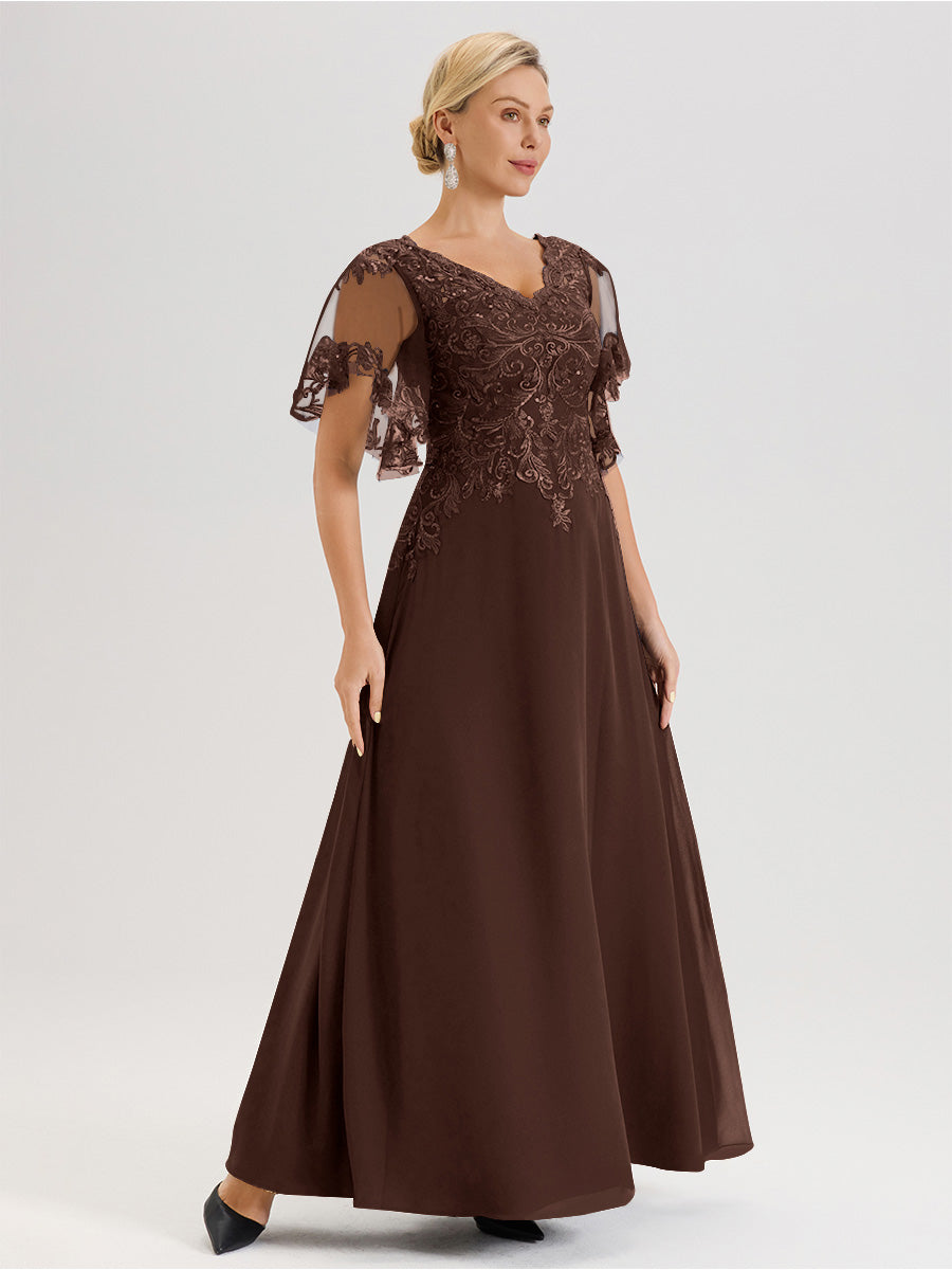 Cicinia Robe Mère De La Mariée Marron Chocolat Longueur Au Sol En Chiffon Et Dentelle Décolleté En V À Manches Courtes Volantées