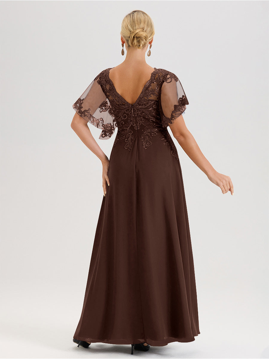 Cicinia Robe Mère De La Mariée Marron Chocolat Longueur Au Sol En Chiffon Et Dentelle Décolleté En V À Manches Courtes Volantées