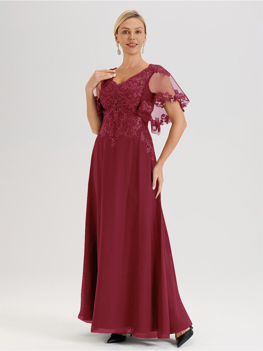 Cicinia Robe Mère De La Mariée Couleur Rose Cannelle Longueur Au Sol En Chiffon Et Dentelle Décolleté En V À Manches Courtes Volantées