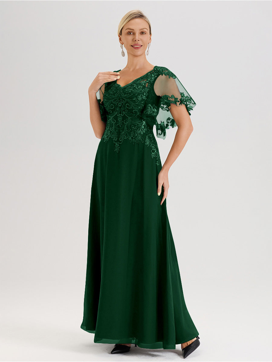 Cicinia Robe Mère De La Mariée Vert Foncé Longueur Au Sol En Chiffon Et Dentelle Décolleté En V À Manches Courtes Volantées