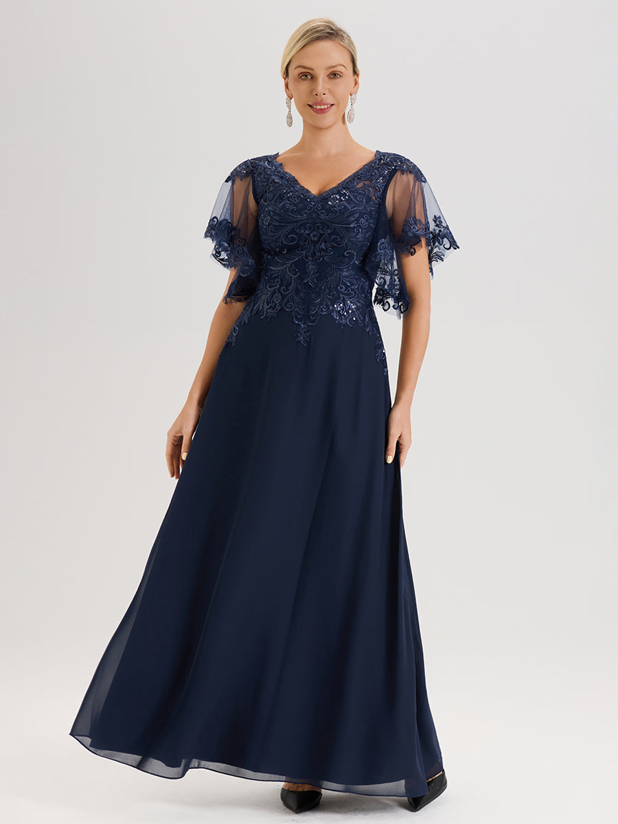 Cicinia Robe Mère De La Mariée Bleu Marine Longueur Au Sol En Chiffon Et Dentelle Décolleté En V À Manches Courtes Volantées