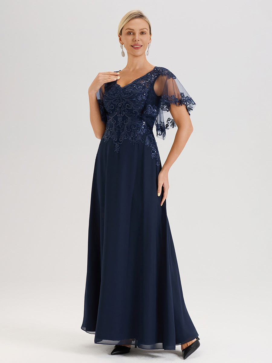 Cicinia Robe Mère De La Mariée Bleu Marine Longueur Au Sol En Chiffon Et Dentelle Décolleté En V À Manches Courtes Volantées