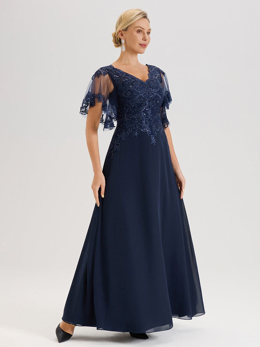Cicinia Robe Mère De La Mariée Bleu Marine Longueur Au Sol En Chiffon Et Dentelle Décolleté En V À Manches Courtes Volantées