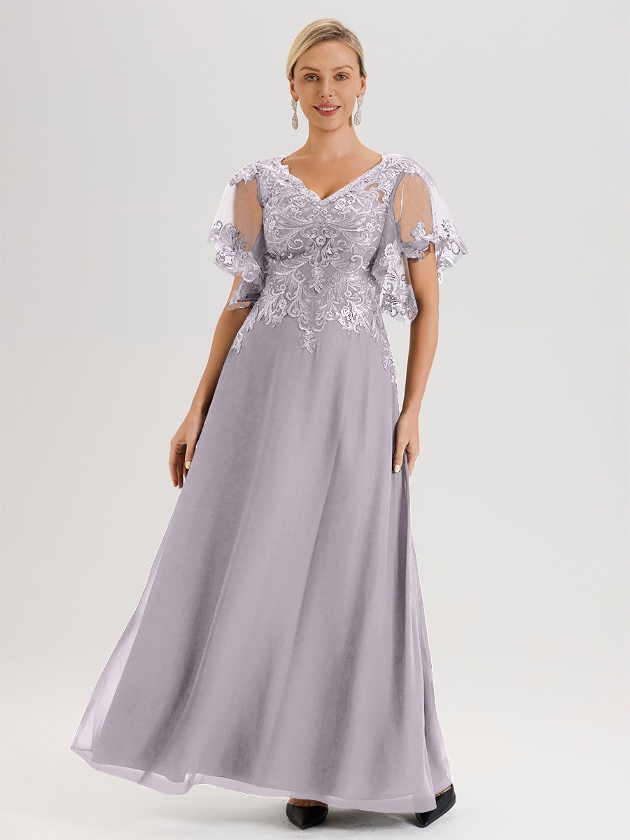 Cicinia Robe Mère De La Mariée Couleur Crépuscule Longueur Au Sol En Chiffon Et Dentelle Décolleté En V À Manches Courtes Volantées