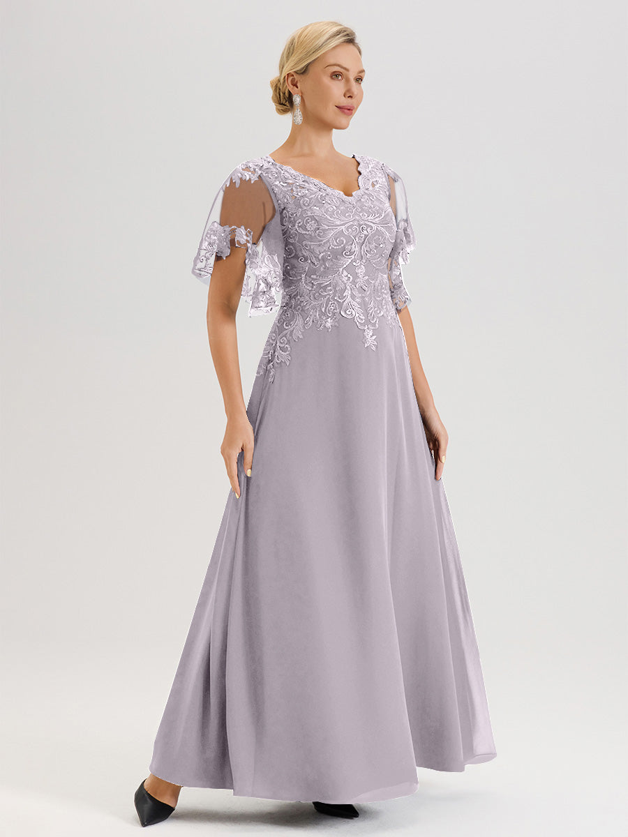 Cicinia Robe Mère De La Mariée Couleur Crépuscule Longueur Au Sol En Chiffon Et Dentelle Décolleté En V À Manches Courtes Volantées