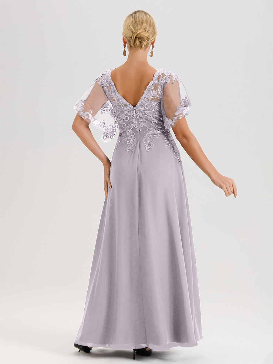 Cicinia Robe Mère De La Mariée Couleur Crépuscule Longueur Au Sol En Chiffon Et Dentelle Décolleté En V À Manches Courtes Volantées