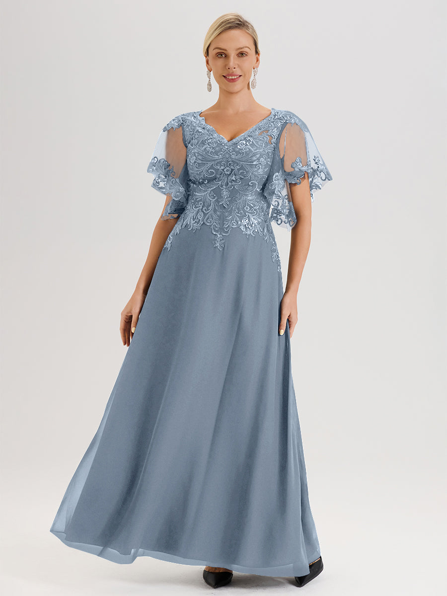 Cicinia Robe Mère De La Mariée Bleu Poussiereux Longueur Au Sol En Chiffon Et Dentelle Décolleté En V À Manches Courtes Volantées