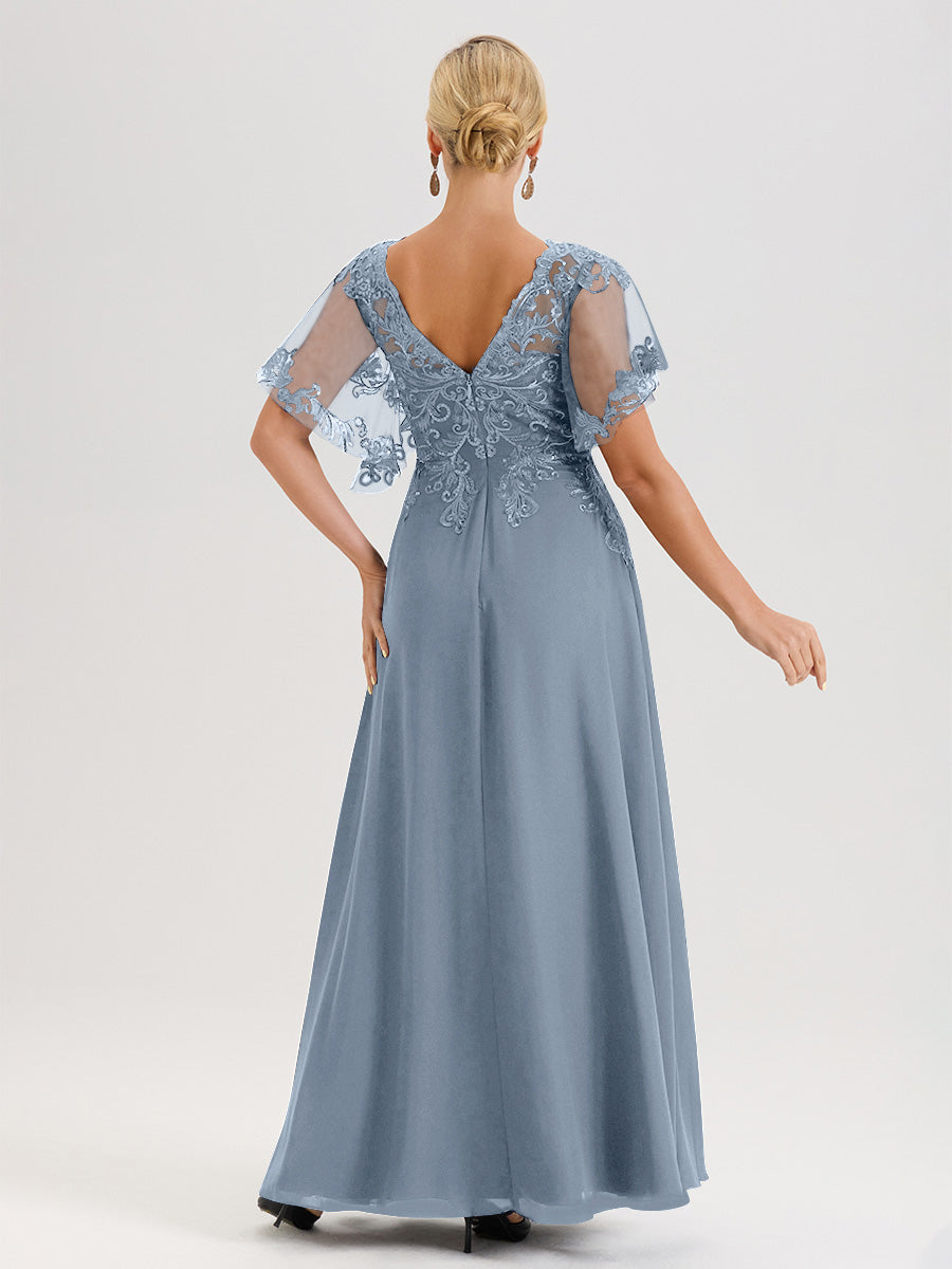 Cicinia Robe Mère De La Mariée Bleu Poussiereux Longueur Au Sol En Chiffon Et Dentelle Décolleté En V À Manches Courtes Volantées