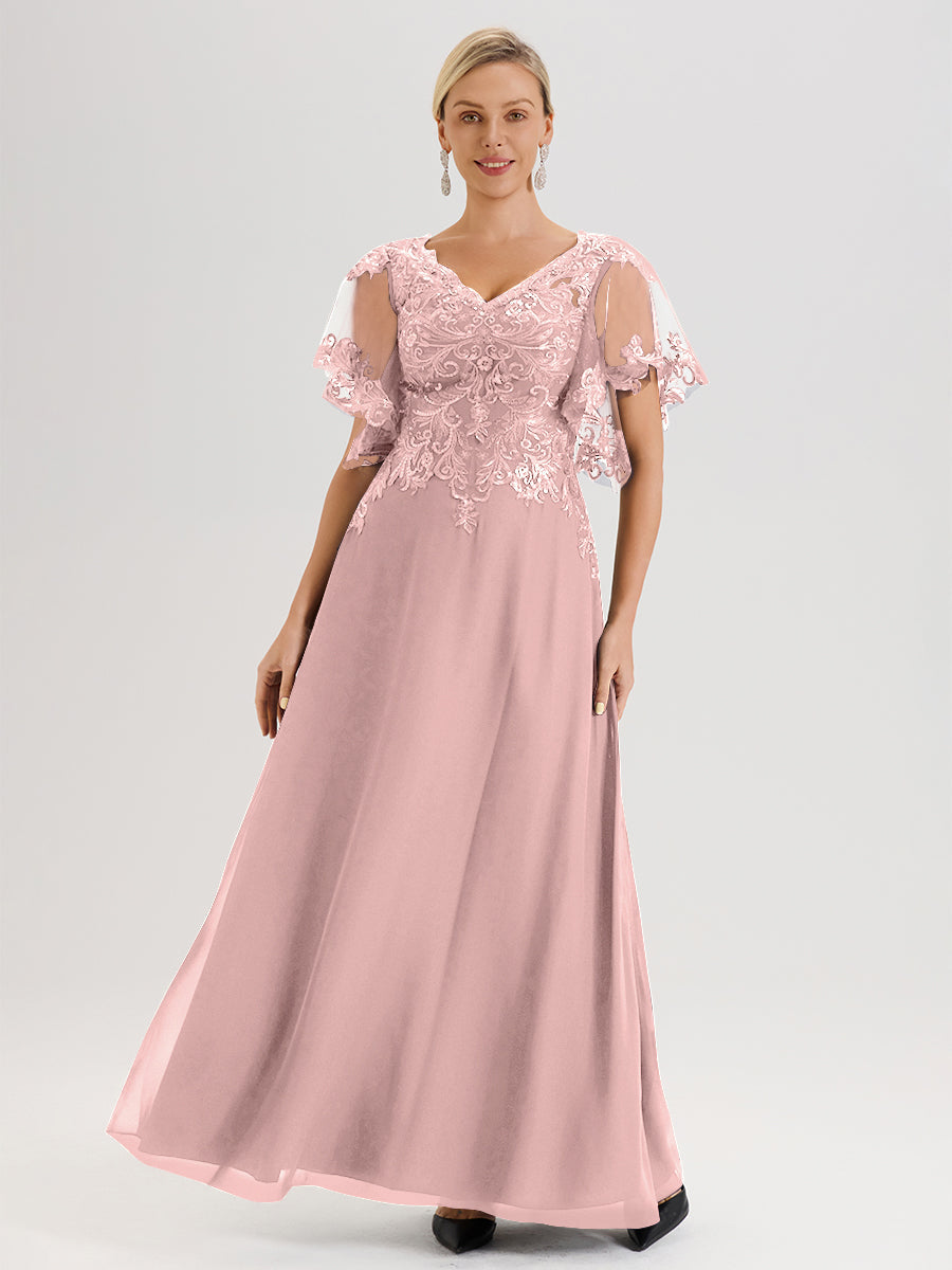 Cicinia Robe Mère De La Mariée Rose Poussiéreux Longueur Au Sol En Chiffon Et Dentelle Décolleté En V À Manches Courtes Volantées