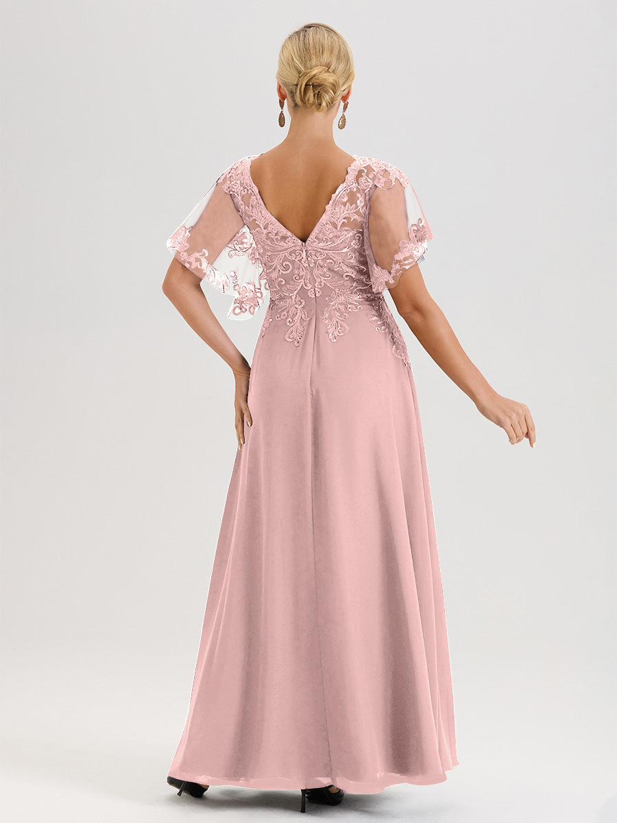 Cicinia Robe Mère De La Mariée Rose Poussiéreux Longueur Au Sol En Chiffon Et Dentelle Décolleté En V À Manches Courtes Volantées