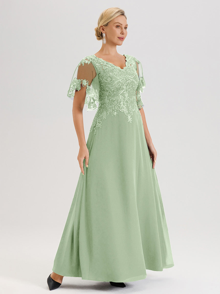 Cicinia Robe Mère De La Mariée Sauge Poudrée Longueur Au Sol En Chiffon Et Dentelle Décolleté En V À Manches Courtes Volantées