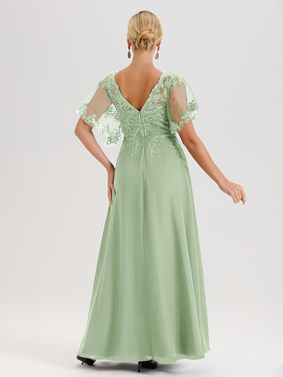 Cicinia Robe Mère De La Mariée Sauge Poudrée Longueur Au Sol En Chiffon Et Dentelle Décolleté En V À Manches Courtes Volantées
