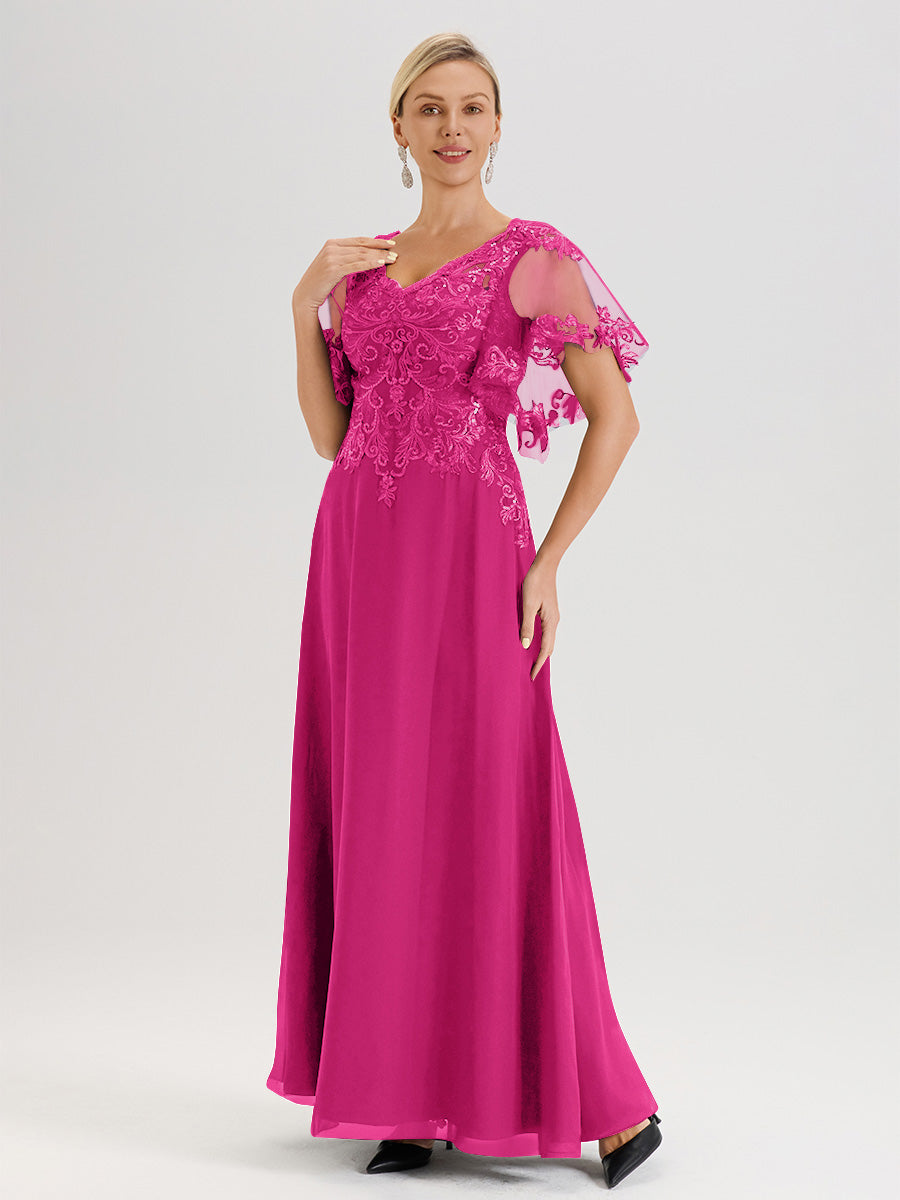 Cicinia Robe Mère De La Mariée Fuchsia Rose Longueur Au Sol En Chiffon Et Dentelle Décolleté En V À Manches Courtes Volantées