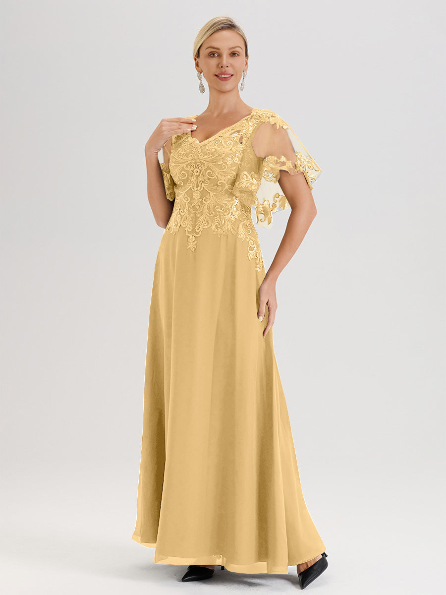 Cicinia Robe Mère De La Mariée Couleur Or Longueur Au Sol En Chiffon Et Dentelle Décolleté En V À Manches Courtes Volantées